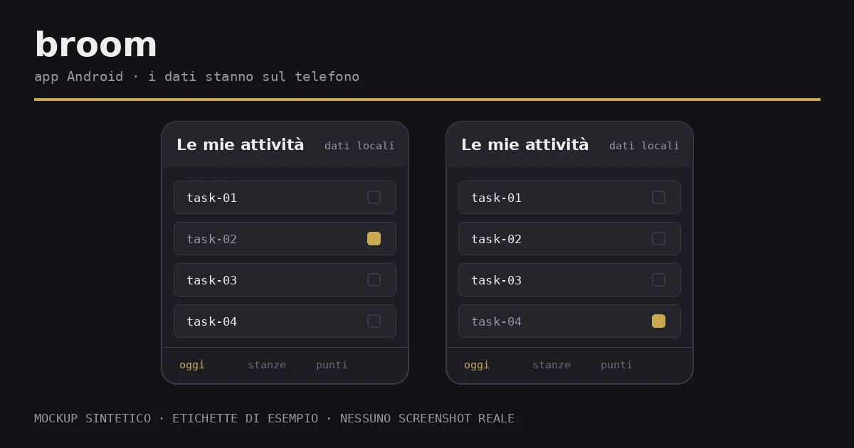 Mockup di Broom: due telefoni con la lista delle attività di casa; etichette di esempio, non uno screenshot