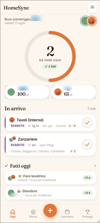 Home: 2 task da fare oggi, punteggi dei due utenti, lista task in arrivo e completati